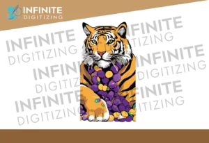 Tiger mascot vector artwork with purple grapes and custom detailing