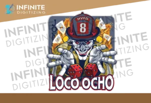 Loco Ocho mascot vector artwork with a football helmet, dice, and custom lettering