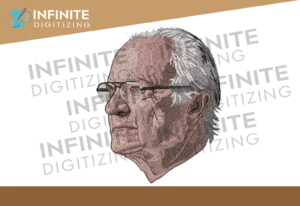 Detailed portrait embroidery digitizing artwork of a man wearing glasses