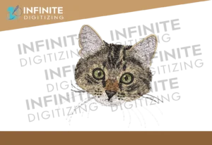 Detailed cat face embroidery digitizing design with stitched fur and whiskers